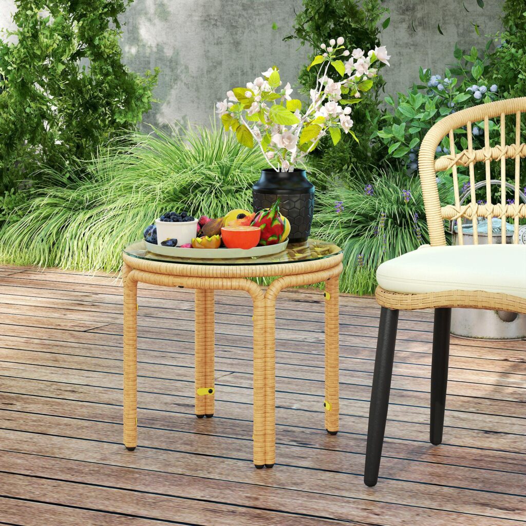 Sidobord i konstrotting med väderbeständig och UV-skyddad design, skiva i härdat glas och robust stålram för trädgård, uteplats eller balkong - gul, Ø50 cm