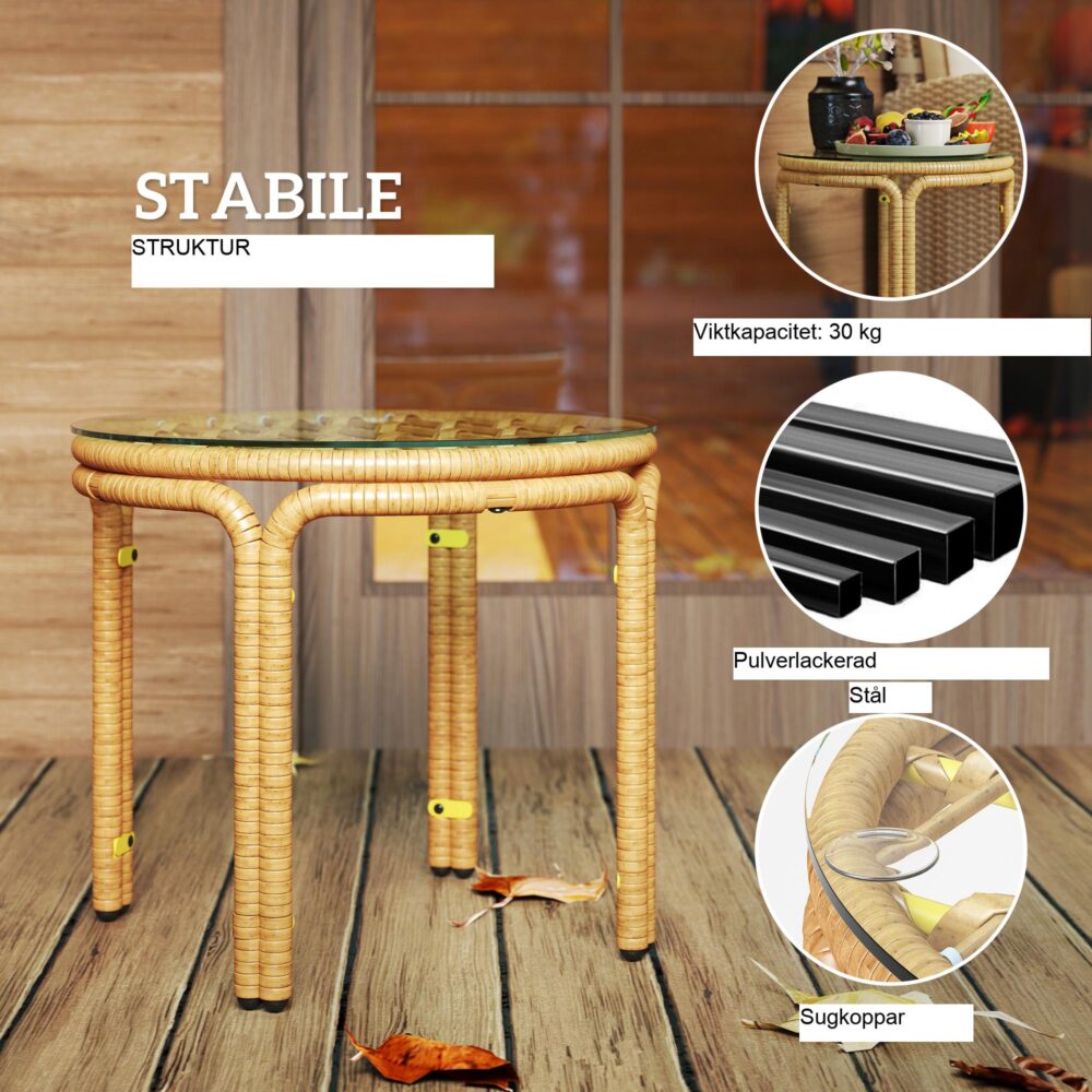 Sidobord i konstrotting med väderbeständig och UV-skyddad design, skiva i härdat glas och robust stålram för trädgård, uteplats eller balkong – gul, Ø50 cm