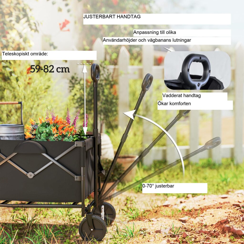 Garden Cart 160L hopfällbar med expanderbar baklucka för enkel transport - Slitstark stålram och terränghjul