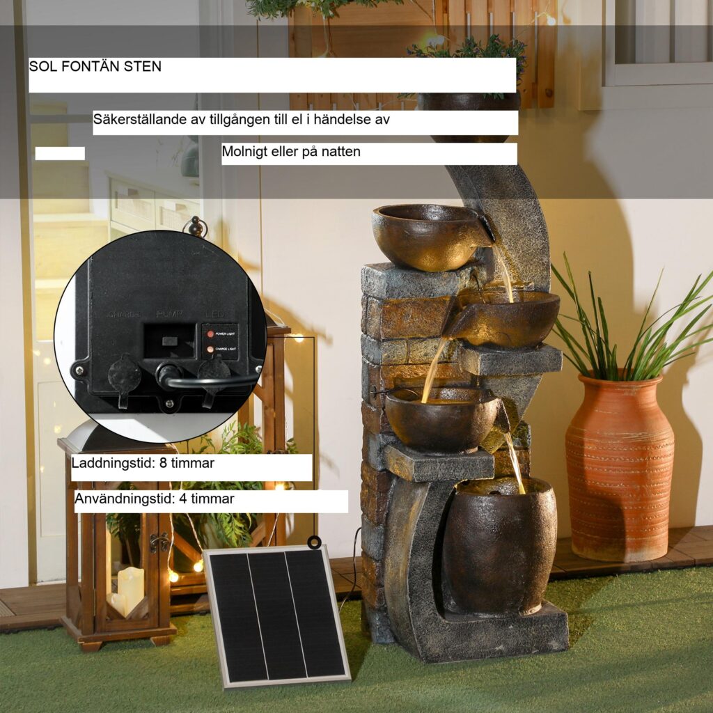 Solar Garden Fountain med 5 steg, LED-belysning, rustik design, väderbeständigt harts