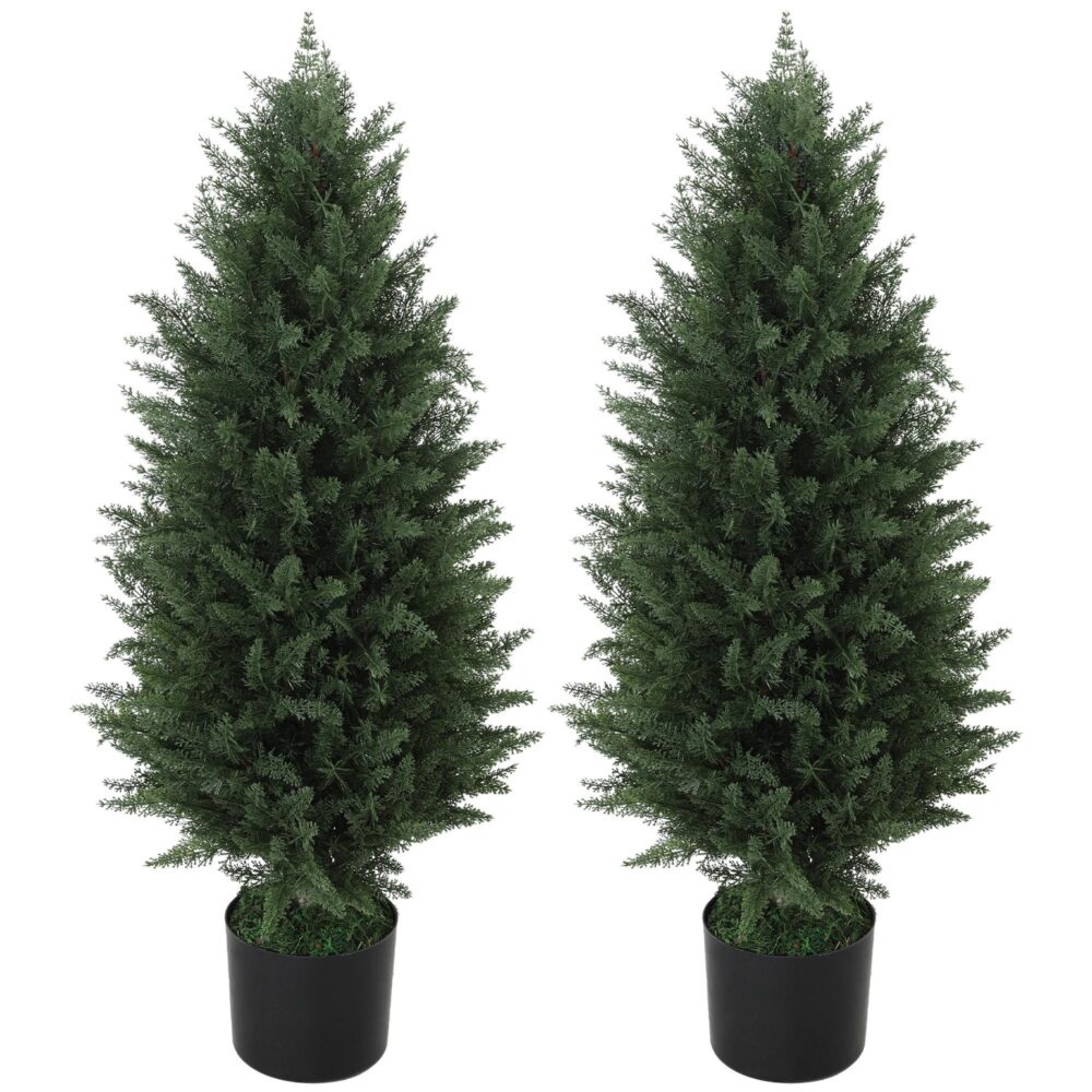Konstgjord cypress set med 2 stora 90cm inga underhåll konstgjorda träd med realistiskt utseende och UV-beständighet för inomhus- och utomhusbruk