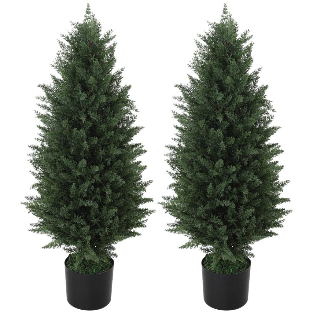 Konstgjord cypress set med 2 stora 90cm inga underhåll konstgjorda träd med realistiskt utseende och UV-beständighet för inomhus- och utomhusbruk