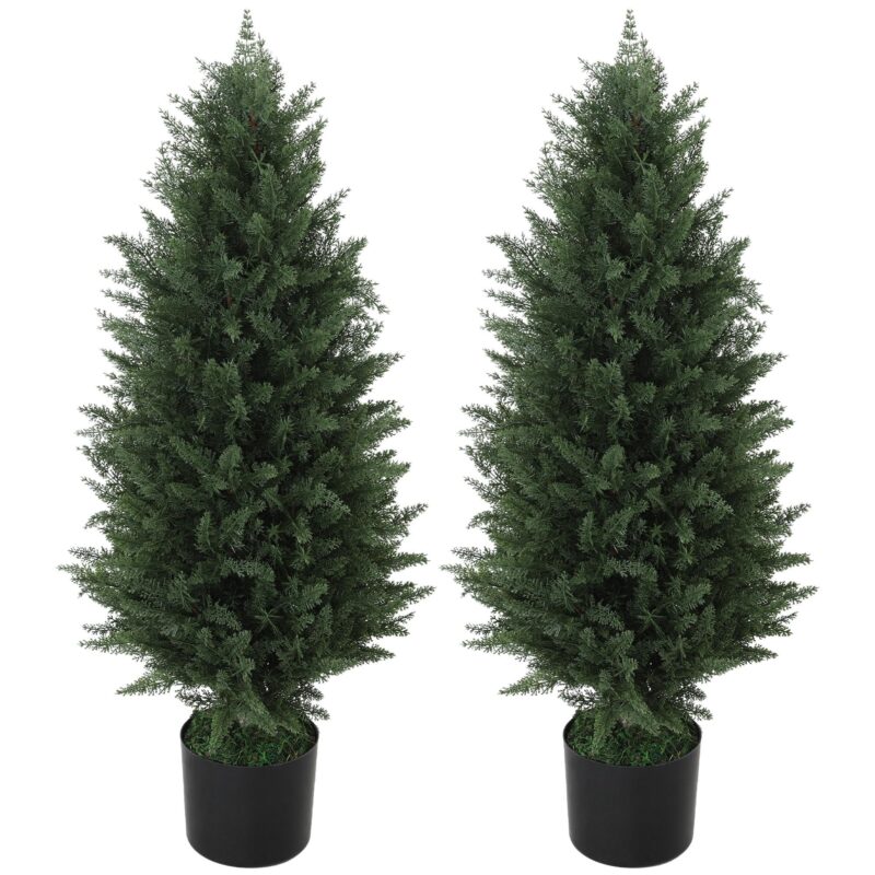 Konstgjord cypress set med 2 stora 90cm inga underhåll konstgjorda träd med realistiskt utseende och UV-beständighet för inomhus- och utomhusbruk