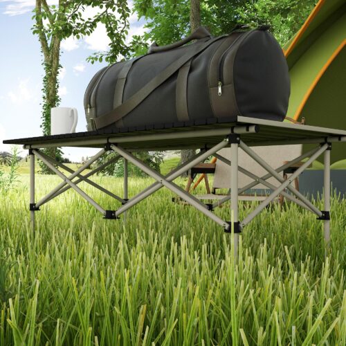 Hopfällbart campingbord med upprullningstopp och X-ram i aluminium – bärbart, hållbart trädgårdsbord för 2 personer, lätt att bära i medföljande väska | Khaki