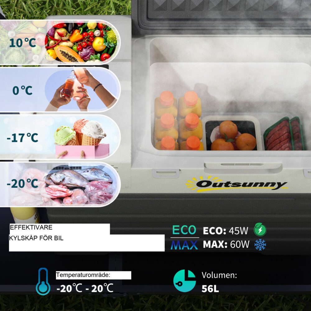 Portable Compressor Cooler 56L – mångsidig likström/växelström, Eco- och Max-lägen, 3-stegs batteriskydd, -20 °C kylning, hjul och teleskophandtag