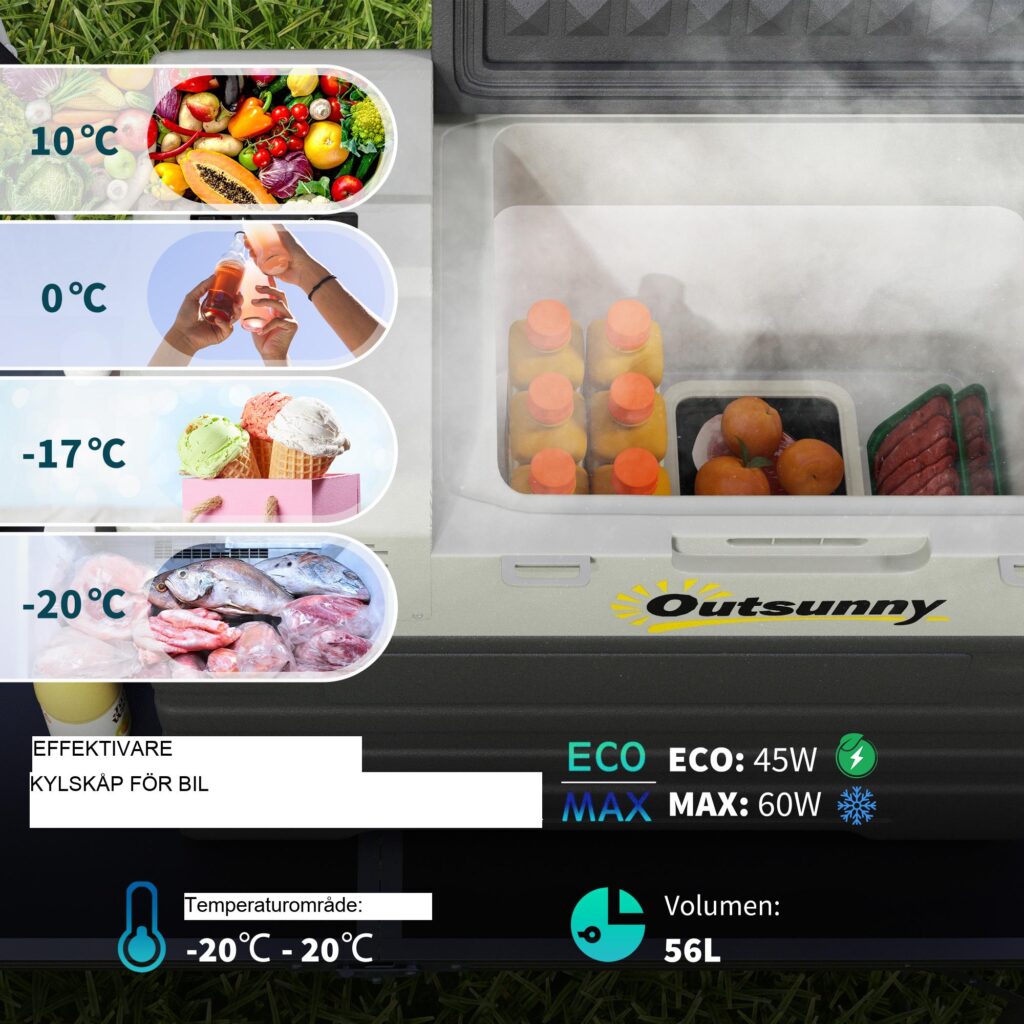 Portable Compressor Cooler 56L - mångsidig likström/växelström, Eco- och Max-lägen, 3-stegs batteriskydd, -20 °C kylning, hjul och teleskophandtag
