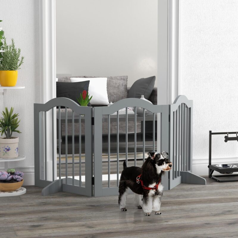 Robust och hopfällbar 3-delad hundgrind med dörr och stödfötter | Fristående hundbarriär för kök, hall, trappa, ljusgrå