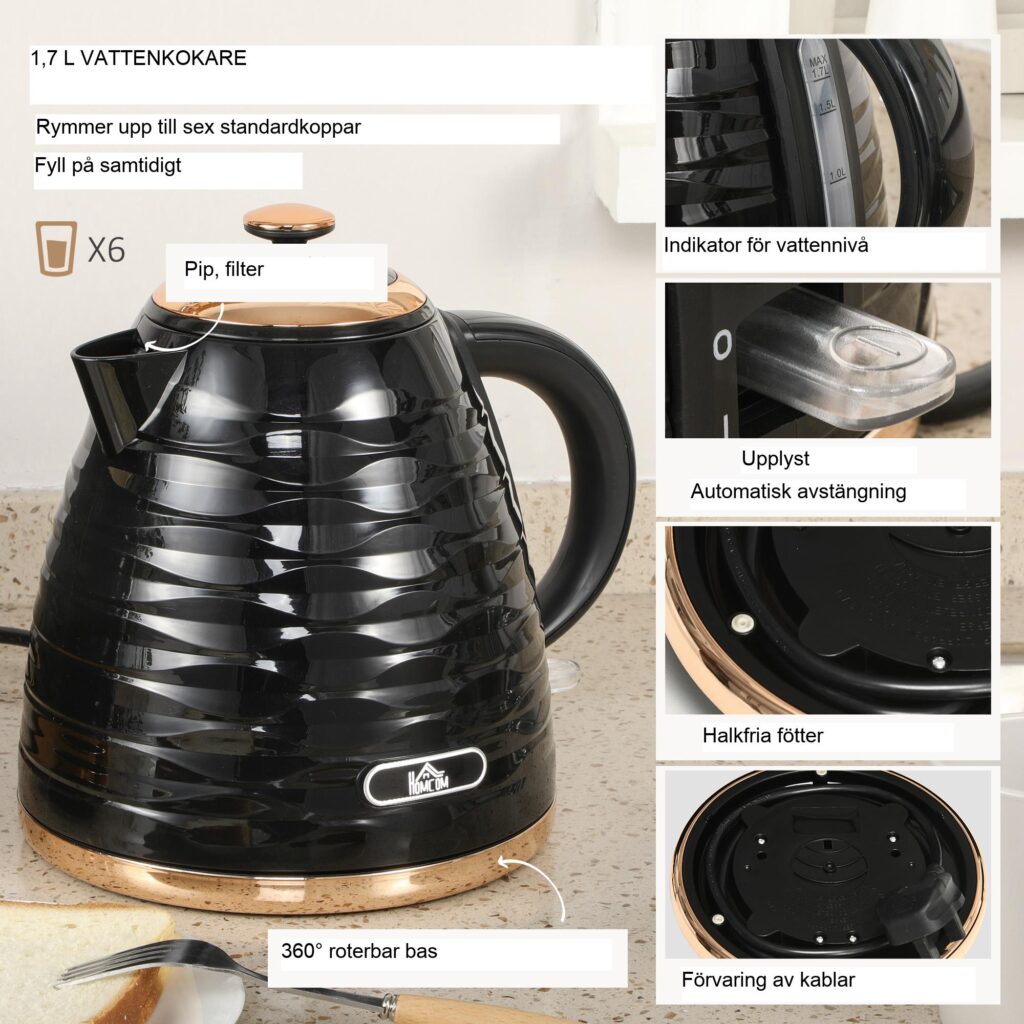 Vattenkokare Brödrost Set med 1,7L vattenkokare, 4-skiva brödrost, sju bryningsnivåer för perfekt te och rostat bröd