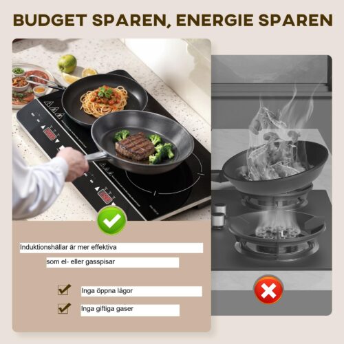 Induktionshäll med dubbla plattor med 8 effektnivåer och 10 temperaturinställningar, barnlåssäkerhet och effektiv samtidig matlagning