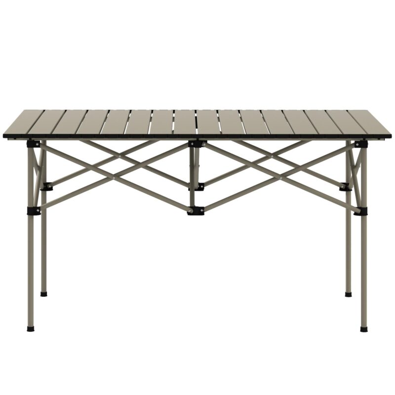 Hopfällbart campingbord med upprullningstopp och X-ram i aluminium – bärbart, hållbart trädgårdsbord för 2 personer, lätt att bära i medföljande väska | Khaki