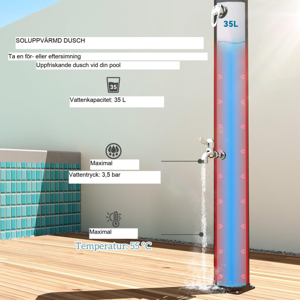 Solar Shower 35L – Uppvärmd upp till 55°C, 360-graders roterande duschhuvud med praktisk sidobricka för trädgård eller poolområde