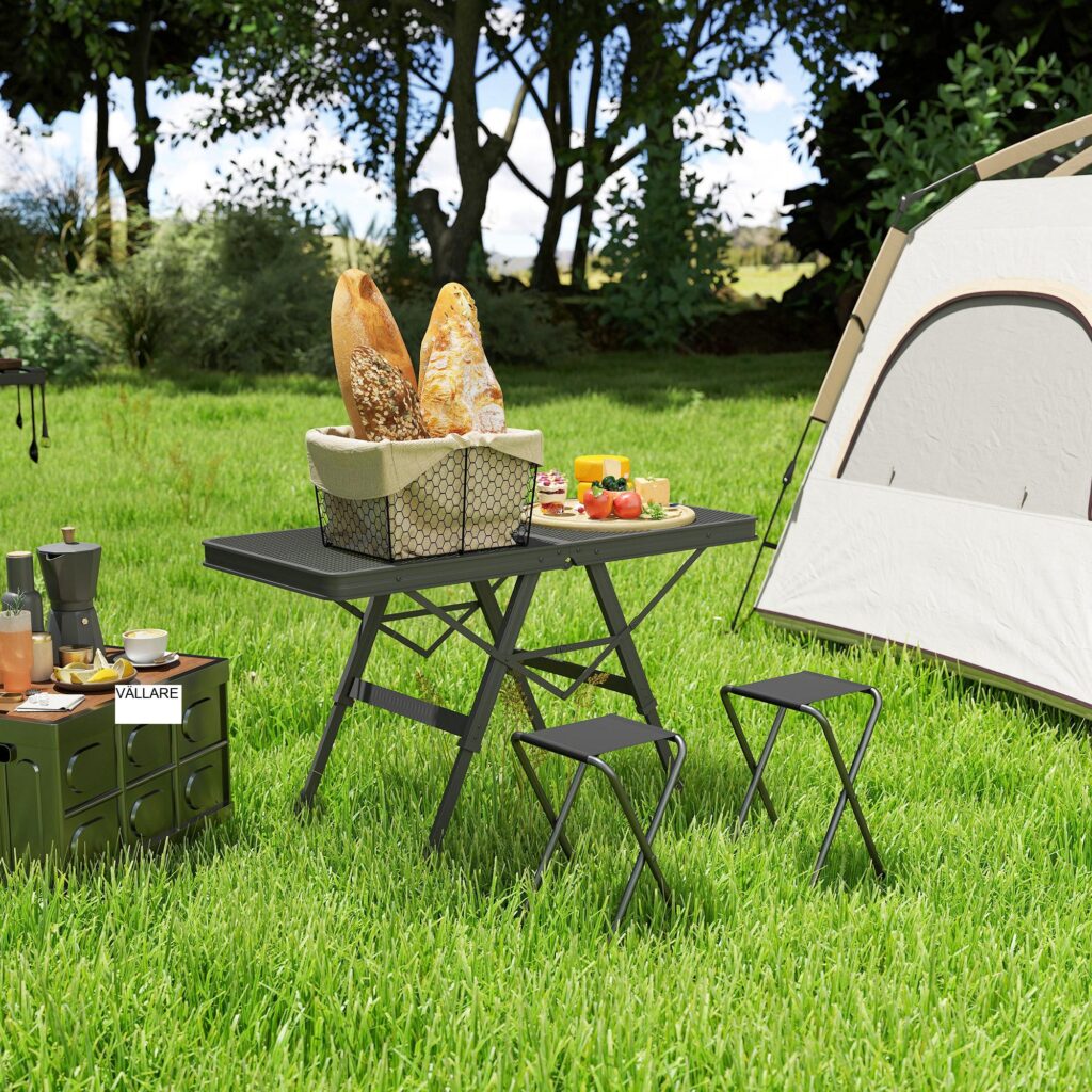 Hopfällbart campingbord med justerbar höjd med rostbeständigt metallnät | Snabb montering och lätt design