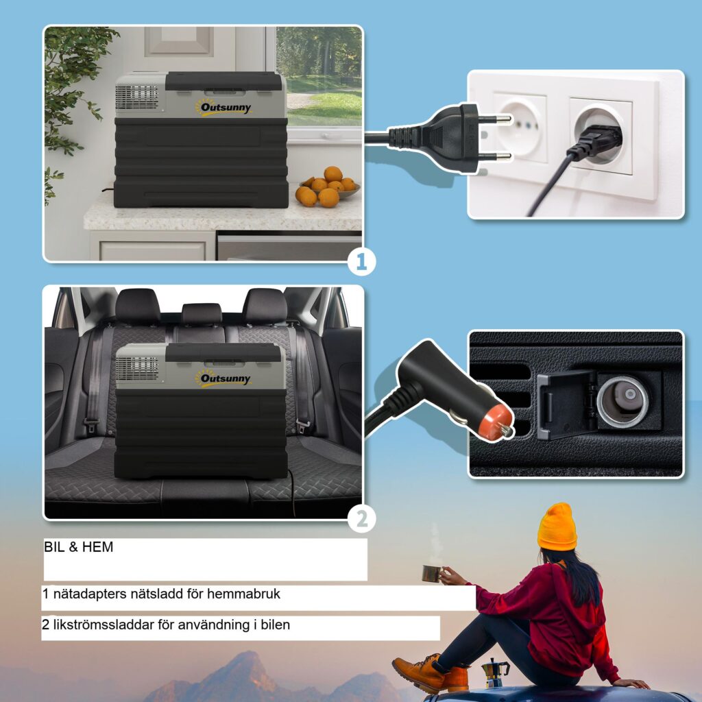 Portable Compressor Cooler 56L - mångsidig likström/växelström, Eco- och Max-lägen, 3-stegs batteriskydd, -20 °C kylning, hjul och teleskophandtag