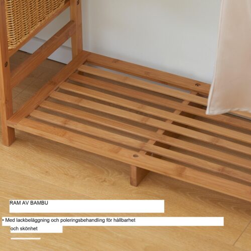 Bambu klädhängare med hängande och hopfällbar klädstång, kompakt design för små utrymmen, naturlig träfinish, säkerhetsremmar mot tippning