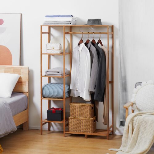 Bambu klädhängare med hängande och hopfällbar klädstång, kompakt design för små utrymmen, naturlig träfinish, säkerhetsremmar mot tippning