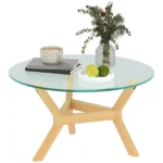 Runt Soffbord i Härdat Glas Ø80 cm – Modern Glasbord med Stålram och Trälook – Sidobord för Vardagsrum och Sovrum