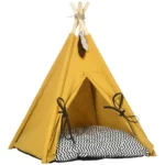 Tipi Djurbädd för Katt och Liten Hund – Mysigt Katthus med Tvättbar Dyna, Halkfritt Golv & Furustänger, 60x60x76 cm
