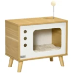 Kattgrotta i TV-design med mjuk kudde och leksak - Modern kattmöbel och sidobord, 50x28x43 cm, Ek/Beige