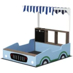 Sandlåda med tak och lekaffär - Blå sandlåda i granträ med sittbänk, rittavla och UV-skydd - 108 x 90 x 104 cm