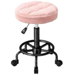 Rullpall Höj- och Sänkbar Arbetspall (50-66 cm) - Rosa Snurrpall i Fleece med Hjul för Salong och Hem - 360° Rotation