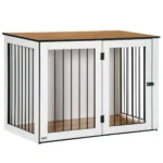Hundbur i Trä för Inomhusbruk - Modern Hundmöbel & Sidobord för Små och Medelstora Hundar - Mörk Valnöt & Vit - 106x60x76 cm