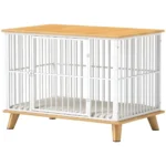 Hundbur för inomhusbruk med låsbar dörr och mjuk dyna - Vit & Ek - 86 x 60 x 70 cm - Robust hundmöbel för medelstora hundar upp till 15 kg