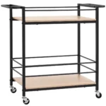 Köksvagn med 2 Hyllplan och Skyddsräcke - Serveringsvagn på Hjul i Svart Stål och Trä - 82 x 40 x 75 cm