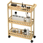 Serveringsvagn i Bambu med 3 Hyllplan - Smal Rullvagn för Kök och Badrum - 55x20x75 cm - Naturfärgad Köksvagn med Hjul och Fallskydd