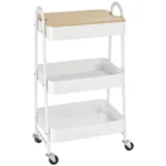Rullvagn med 3 Nivåer och Lock - Vit Serveringsvagn med Hjul och Handtag - Praktisk Förvaringsvagn för Kök, Badrum och Kontor