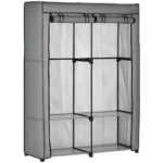 Tyggarderob med 2 Klädstänger och 4 Hyllplan – Flyttbar Garderob för Klädförvaring, Grå, 118x49x170 cm